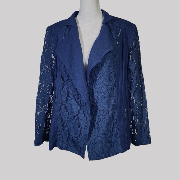 Chicos women's 2 (12) Blue Lace panels trim open front effortless Jacket Blazer - Picture 1 of 10
